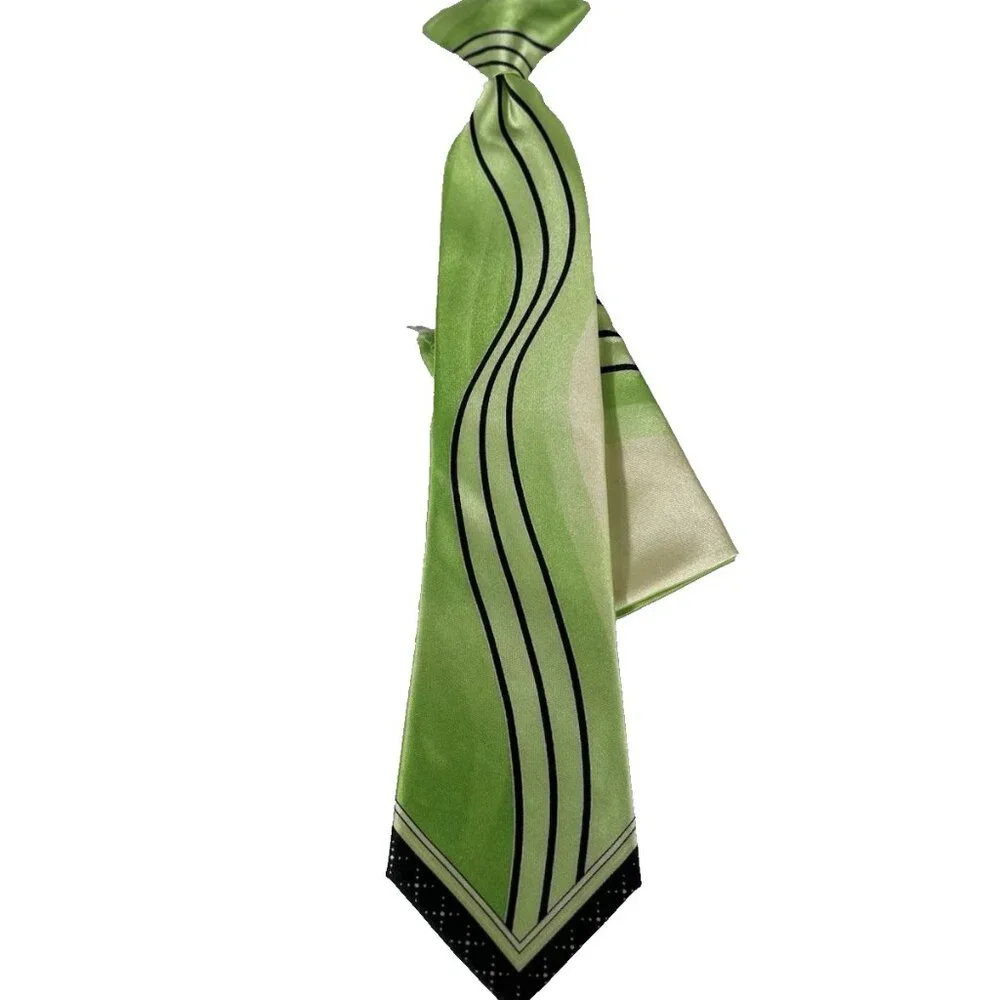 Boy's Clip-on Tie Hanky Green Cream Black 100% Polyester 3